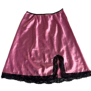 Vtg 90s Victoria's Secret Gold Label Pink Satin Black Lace Slip Skirt Sz M Y2K